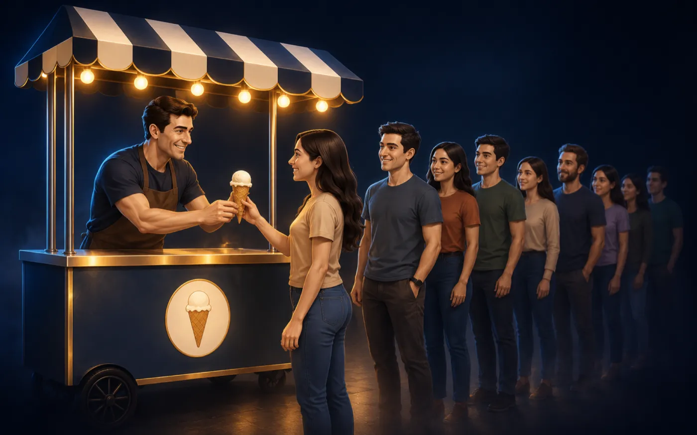 One ice cream stand serving one customer while a long line waits