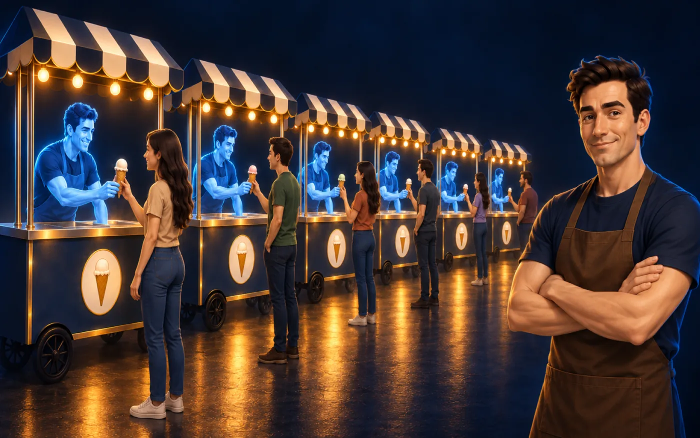 A row of stands, each with one AI twin serving one customer